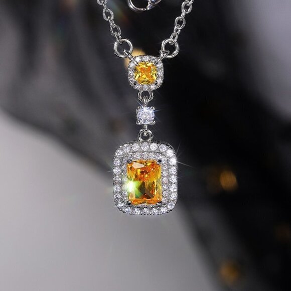 🌸Bling Double Royal Yellow Zircon Silver Plated Necklace for Women, UNVN12412 - Picture 5 of 7